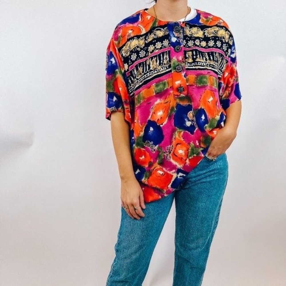 Vintage Funky Mix Print Colorful Top with Funky Buttons - Picture 2 of 8